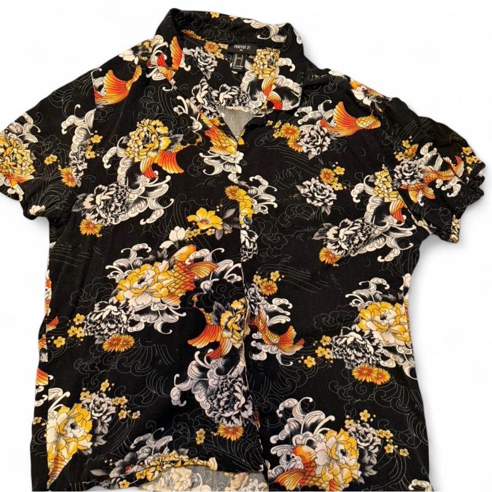 Floral koi Black button up Shirt